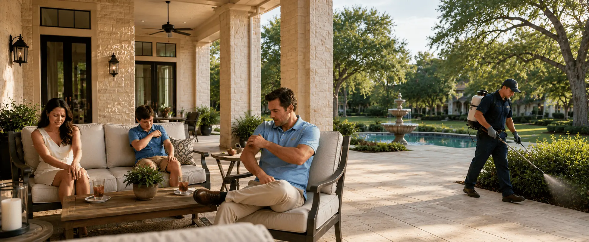 Family relaxing on an outdoor patio in Bryan-College Station while a mosquito control technician applies a yard treatment nearby, illustrating mosquito season and professional mosquito prevention during warm Texas months